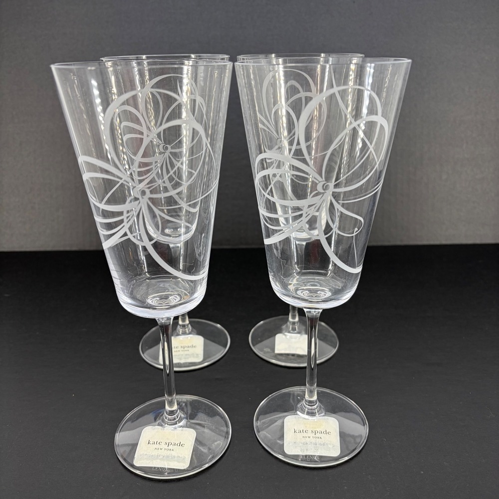 Kate Spade Belle Boulevard Iced Beverage Glasses Set of 4 Crystal Bow Aesthetic